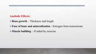 Anabolic Effects:
Bone growth – Thickness and length
Fuse of bone and mineralization - Estrogen from testosterone
Muscle building – If aided by exercise
 