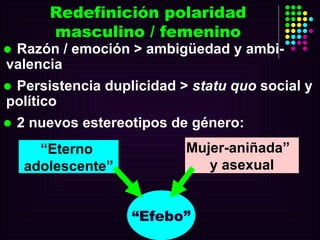 Redefinición polaridad masculino / femenino Razón / emoción > ambigüedad y ambi-valencia Persistencia duplicidad >  statu quo  social y político  2 nuevos estereotipos de género:  “ Eterno  adolescente” Mujer-aniñada”  y asexual “ Efebo” 