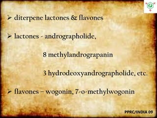  diterpene lactones & flavones
 lactones - andrographolide,
8 methylandrograpanin
3 hydrodeoxyandrographolide, etc.
 flavones – wogonin, 7-o-methylwogonin
PPRC/INDIA 09
 