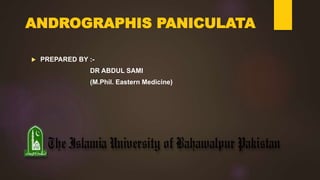 ANDROGRAPHIS PANICULATA
 PREPARED BY :-
DR ABDUL SAMI
(M.Phil. Eastern Medicine)
 