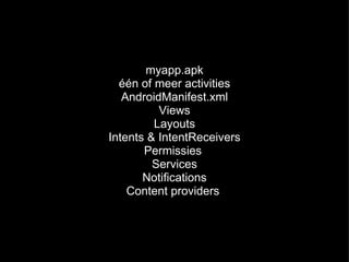  myapp.apk één of meer activities AndroidManifest.xml Views Layouts Intents & IntentReceivers Permissies  Services Notifications Content providers  