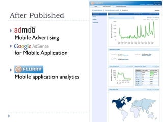 After Published


    Mobile Advertising

    for Mobile Application

   Flurry.com
    Mobile application analytics
 