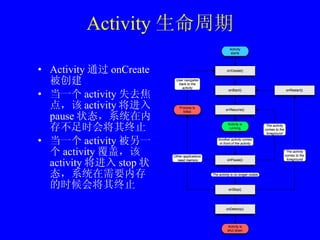 Activity 生命周期 Activity 通过 onCreate 被创建 当一个 activity 失去焦点，该 activity 将进入 pause 状态，系统在内存不足时会将其终止 当一个 activity 被另一个 activity 覆盖，该 activity 将进入 stop 状态，系统在需要内存的时候会将其终止 