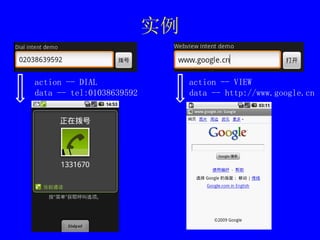 实例 action -- DIAL data -- tel:01038639592 action -- VIEW data -- http://www.google.cn 