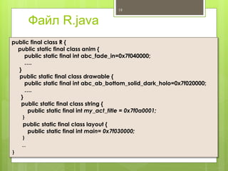 Файл R.java
19
public final class R {
public static final class anim {
public static final int abc_fade_in=0x7f040000;
….
}
public static final class drawable {
public static final int abc_ab_bottom_solid_dark_holo=0x7f020000;
….
}
public static final class string {
public static final int my_act_title = 0x7f0a0001;
}
public static final class layout {
public static final int main= 0x7f030000;
}
…
}
 