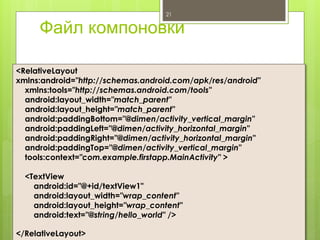 Файл компоновки
21
<RelativeLayout
xmlns:android="http://schemas.android.com/apk/res/android"
xmlns:tools="http://schemas.android.com/tools"
android:layout_width="match_parent"
android:layout_height="match_parent"
android:paddingBottom="@dimen/activity_vertical_margin"
android:paddingLeft="@dimen/activity_horizontal_margin"
android:paddingRight="@dimen/activity_horizontal_margin"
android:paddingTop="@dimen/activity_vertical_margin"
tools:context="com.example.firstapp.MainActivity" >
<TextView
android:id="@+id/textView1"
android:layout_width="wrap_content"
android:layout_height="wrap_content"
android:text="@string/hello_world" />
</RelativeLayout>
 