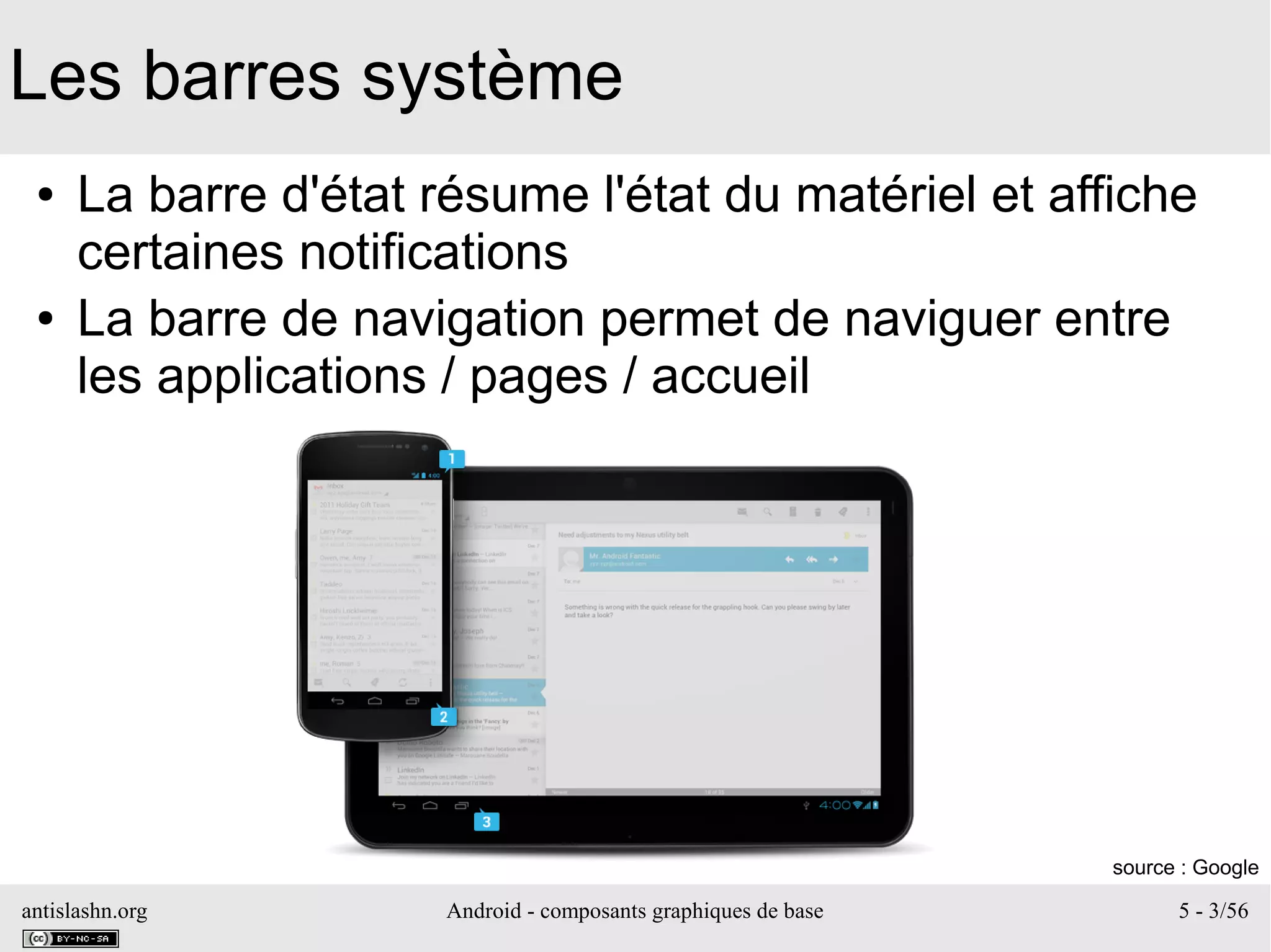 antislashn.org Android - composants graphiques de base 5 - 3/56
Les barres système
● La barre d'état résume l'état du matériel et affiche
certaines notifications
● La barre de navigation permet de naviguer entre
les applications / pages / accueil
source : Google
 