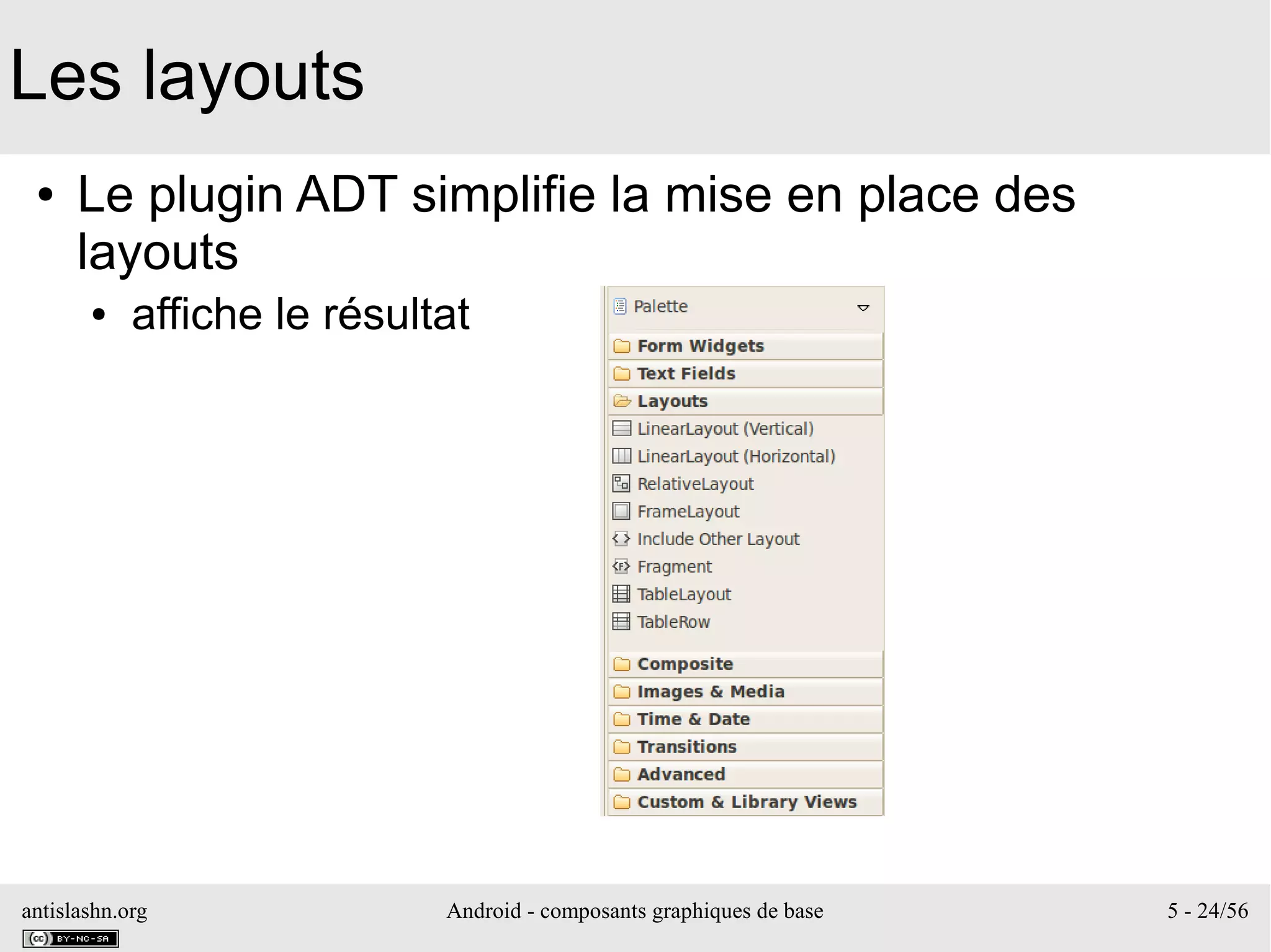 antislashn.org Android - composants graphiques de base 5 - 24/56
Les layouts
● Le plugin ADT simplifie la mise en place des
layouts
● affiche le résultat
 