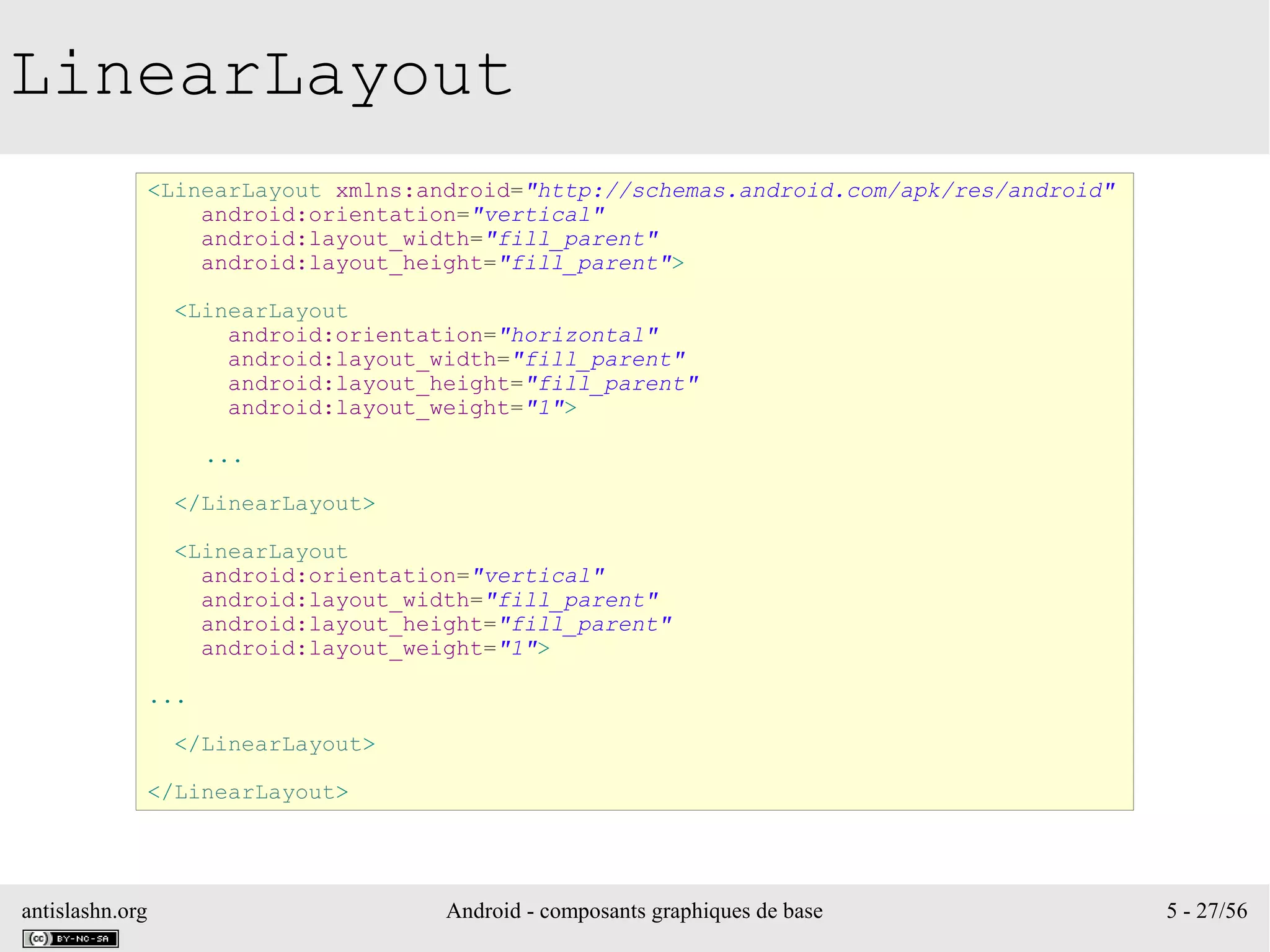 antislashn.org Android - composants graphiques de base 5 - 27/56
LinearLayout
<LinearLayout xmlns:android="http://schemas.android.com/apk/res/android"
android:orientation="vertical"
android:layout_width="fill_parent"
android:layout_height="fill_parent">
<LinearLayout
android:orientation="horizontal"
android:layout_width="fill_parent"
android:layout_height="fill_parent"
android:layout_weight="1">
...
</LinearLayout>
<LinearLayout
android:orientation="vertical"
android:layout_width="fill_parent"
android:layout_height="fill_parent"
android:layout_weight="1">
...
</LinearLayout>
</LinearLayout>
 