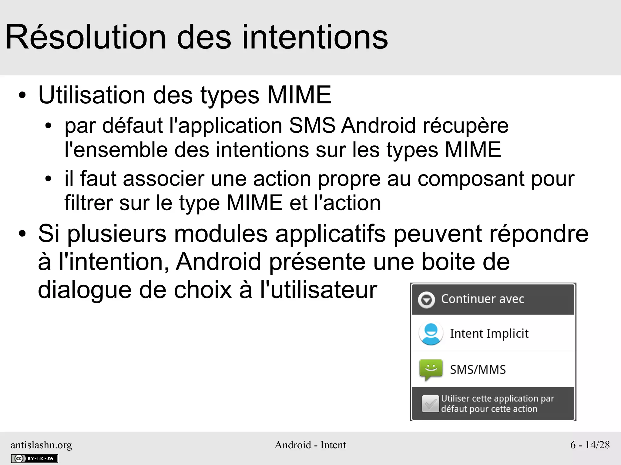 antislashn.org Android - Intent 6 - 14/28
Résolution des intentions
● Utilisation des types MIME
● par défaut l'application SMS Android récupère
l'ensemble des intentions sur les types MIME
● il faut associer une action propre au composant pour
filtrer sur le type MIME et l'action
● Si plusieurs modules applicatifs peuvent répondre
à l'intention, Android présente une boite de
dialogue de choix à l'utilisateur
 