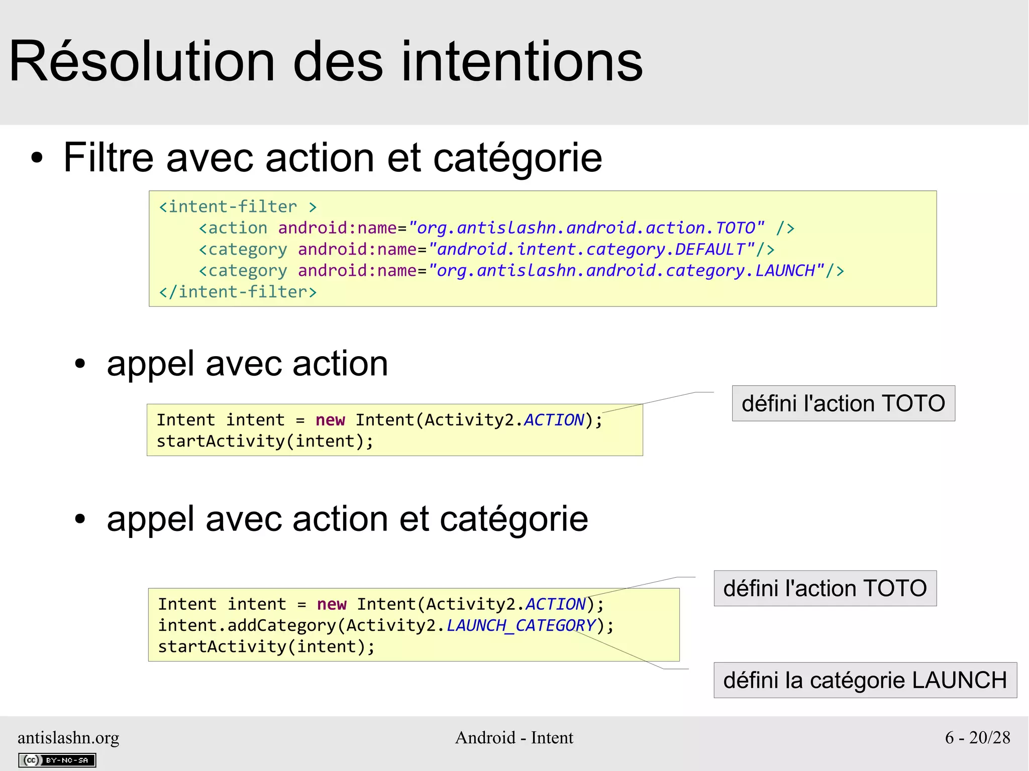 antislashn.org Android - Intent 6 - 20/28
Résolution des intentions
● Filtre avec action et catégorie
● appel avec action
● appel avec action et catégorie
<intent-filter >
<action android:name="org.antislashn.android.action.TOTO" />
<category android:name="android.intent.category.DEFAULT"/>
<category android:name="org.antislashn.android.category.LAUNCH"/>
</intent-filter>
Intent intent = new Intent(Activity2.ACTION);
startActivity(intent);
défini l'action TOTO
Intent intent = new Intent(Activity2.ACTION);
intent.addCategory(Activity2.LAUNCH_CATEGORY);
startActivity(intent);
défini l'action TOTO
défini la catégorie LAUNCH
 