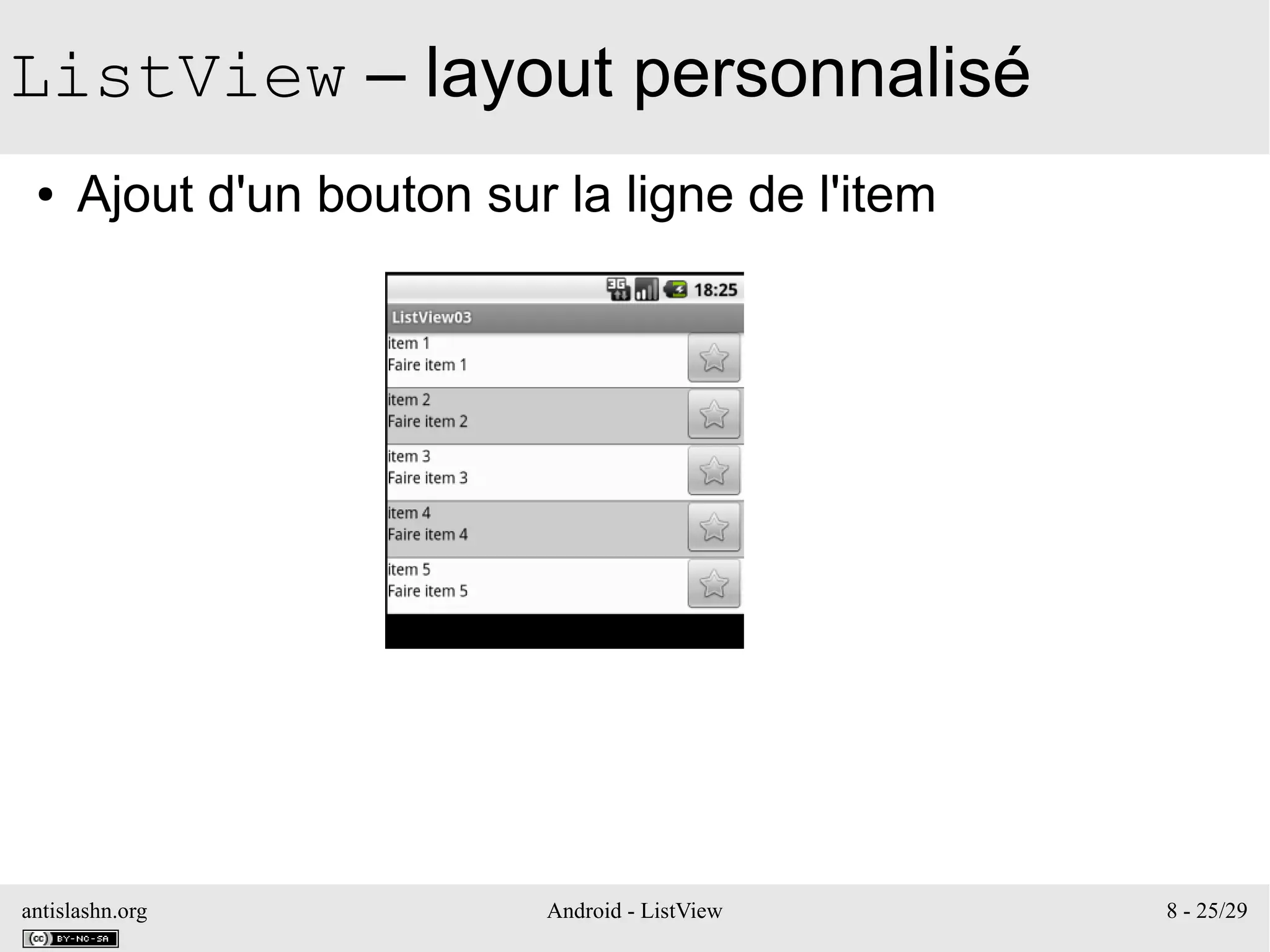 antislashn.org Android - ListView 8 - 25/29
ListView – layout personnalisé
● Ajout d'un bouton sur la ligne de l'item
 