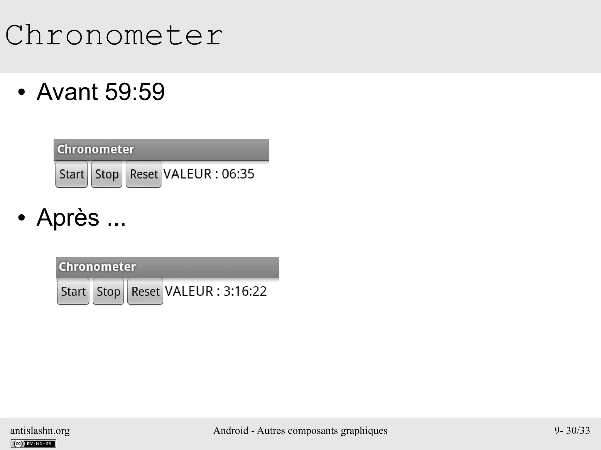 antislashn.org Android - Autres composants graphiques 9- 30/33
Chronometer
● Avant 59:59
● Après ...
 