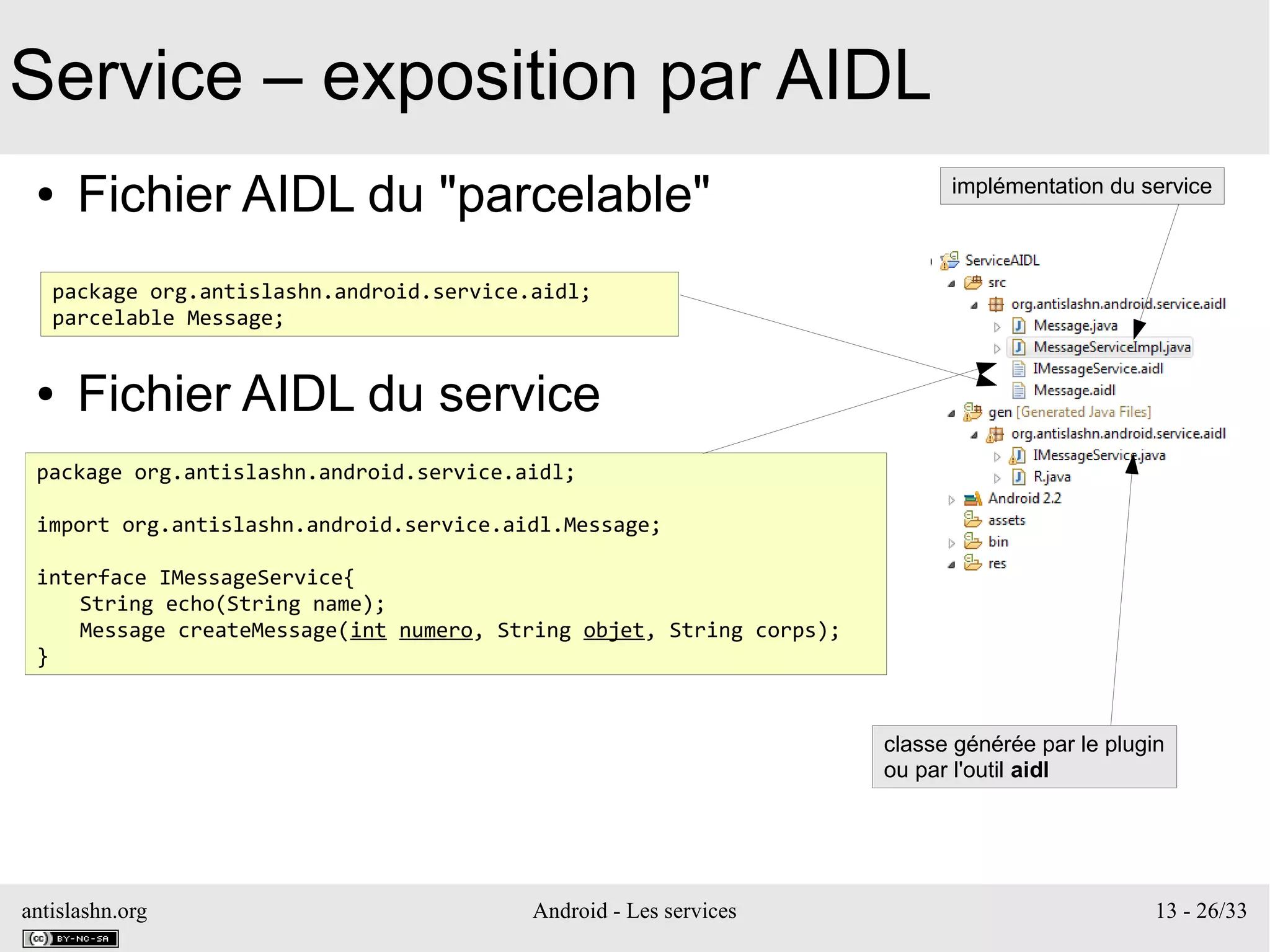 antislashn.org Android - Les services 13 - 26/33
Service – exposition par AIDL
● Fichier AIDL du "parcelable"
● Fichier AIDL du service
package org.antislashn.android.service.aidl;
parcelable Message;
package org.antislashn.android.service.aidl;
import org.antislashn.android.service.aidl.Message;
interface IMessageService{
String echo(String name);
Message createMessage(int numero, String objet, String corps);
}
implémentation du service
classe générée par le plugin
ou par l'outil aidl
 