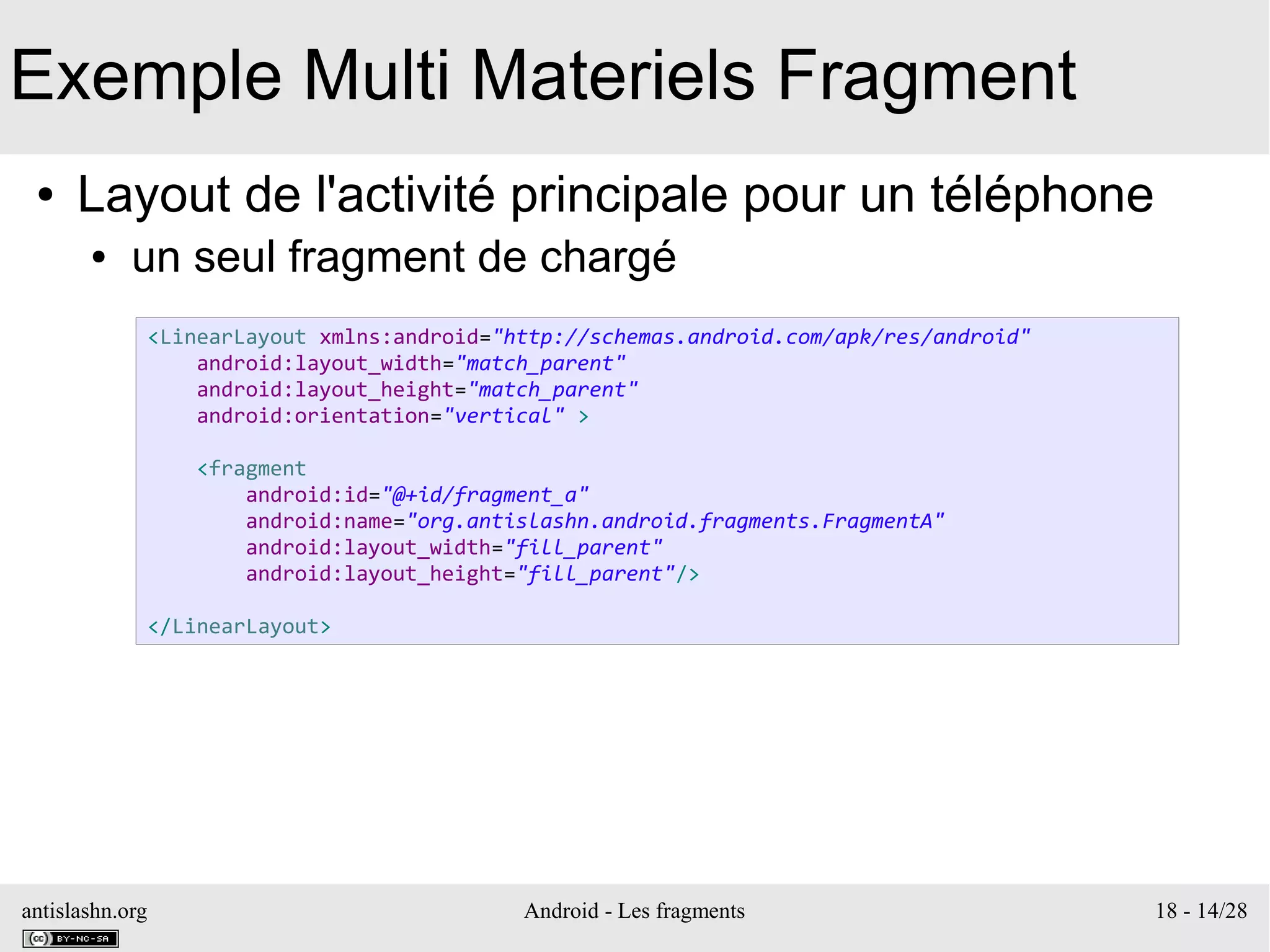 antislashn.org Android - Les fragments 18 - 14/28
Exemple Multi Materiels Fragment
● Layout de l'activité principale pour un téléphone
● un seul fragment de chargé
<LinearLayout xmlns:android="http://schemas.android.com/apk/res/android"
android:layout_width="match_parent"
android:layout_height="match_parent"
android:orientation="vertical" >
<fragment
android:id="@+id/fragment_a"
android:name="org.antislashn.android.fragments.FragmentA"
android:layout_width="fill_parent"
android:layout_height="fill_parent"/>
</LinearLayout>
 