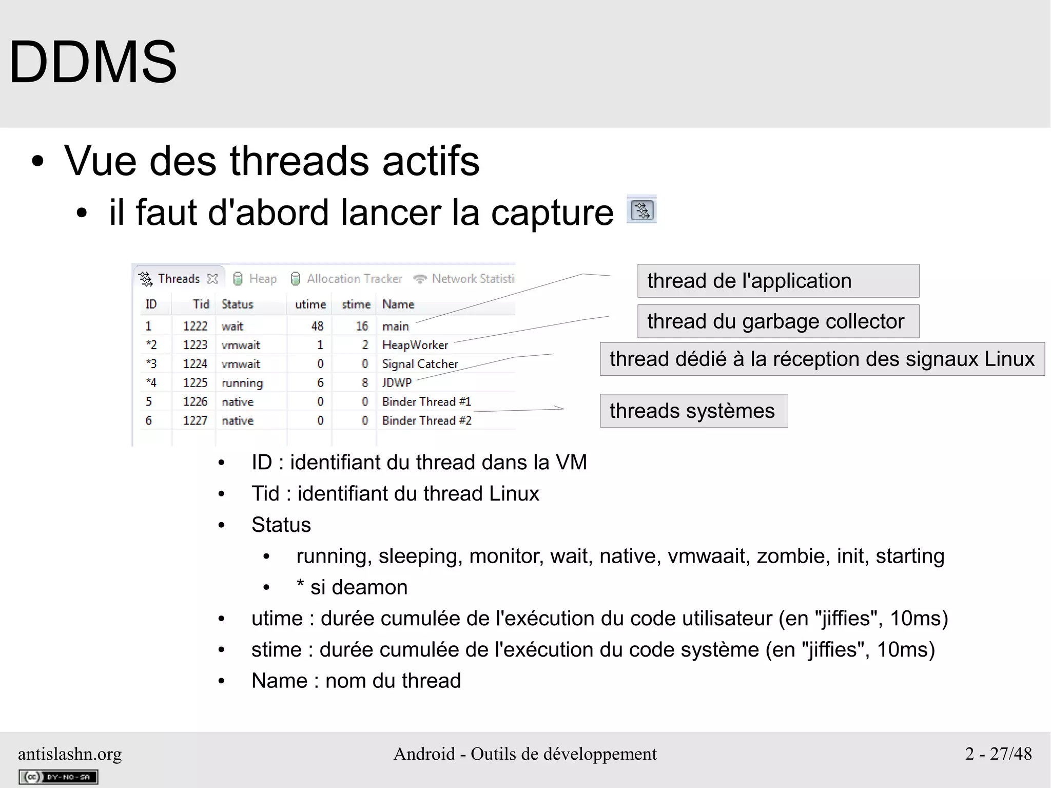 antislashn.org Android - Outils de développement 2 - 27/48
DDMS
● Vue des threads actifs
● il faut d'abord lancer la capture
thread de l'application
thread du garbage collector
thread dédié à la réception des signaux Linux
threads systèmes
● ID : identifiant du thread dans la VM
● Tid : identifiant du thread Linux
● Status
● running, sleeping, monitor, wait, native, vmwaait, zombie, init, starting
● * si deamon
● utime : durée cumulée de l'exécution du code utilisateur (en "jiffies", 10ms)
● stime : durée cumulée de l'exécution du code système (en "jiffies", 10ms)
● Name : nom du thread
 