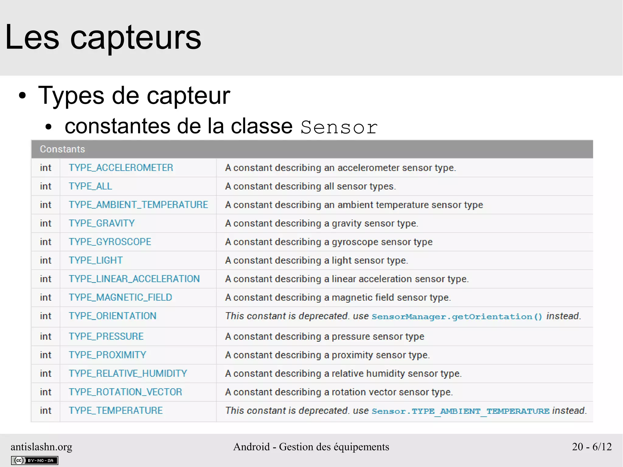 antislashn.org Android - Gestion des équipements 20 - 6/12
Les capteurs
● Types de capteur
● constantes de la classe Sensor
 