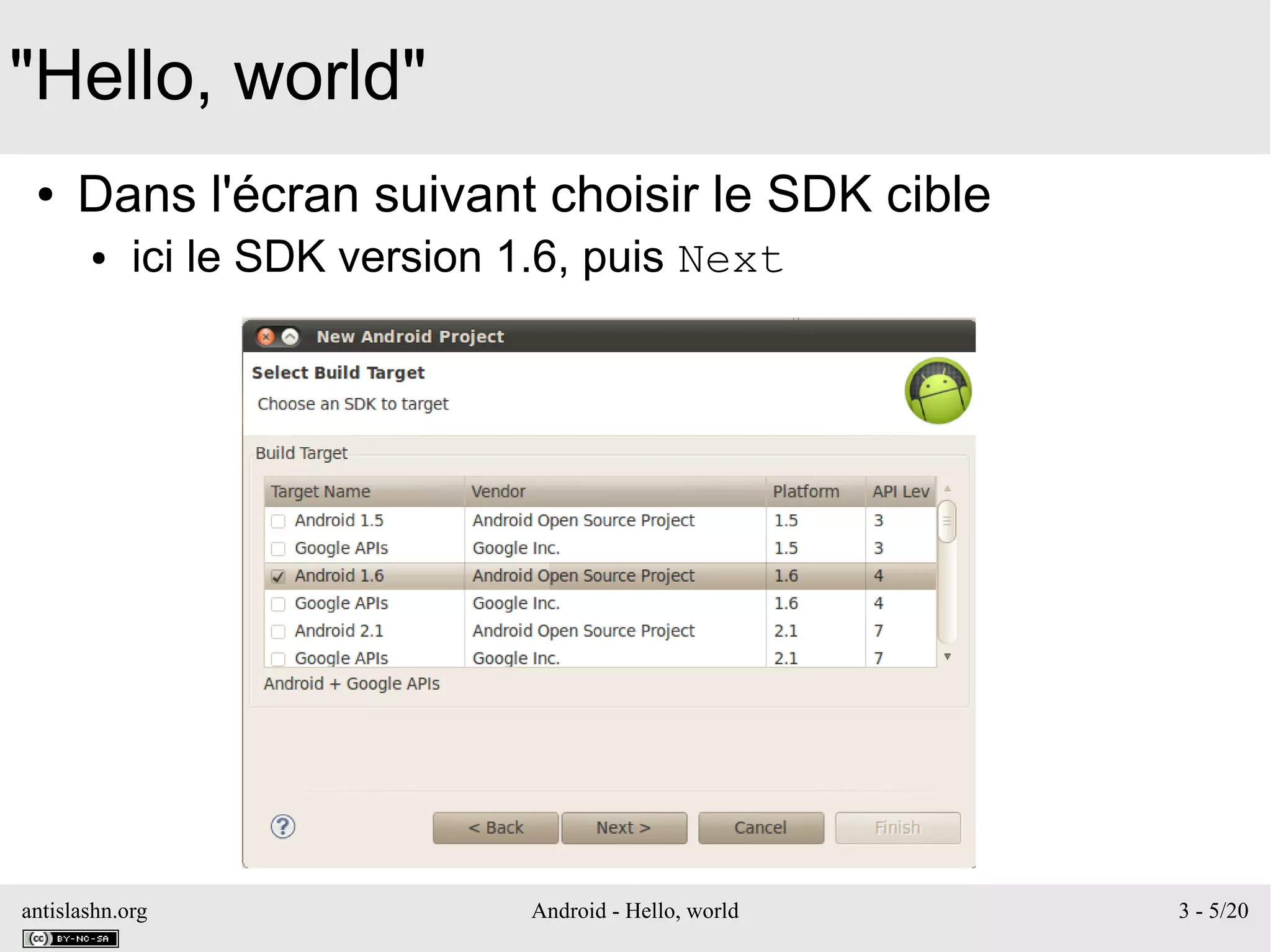 antislashn.org Android - Hello, world 3 - 5/20
"Hello, world"
● Dans l'écran suivant choisir le SDK cible
● ici le SDK version 1.6, puis Next
 