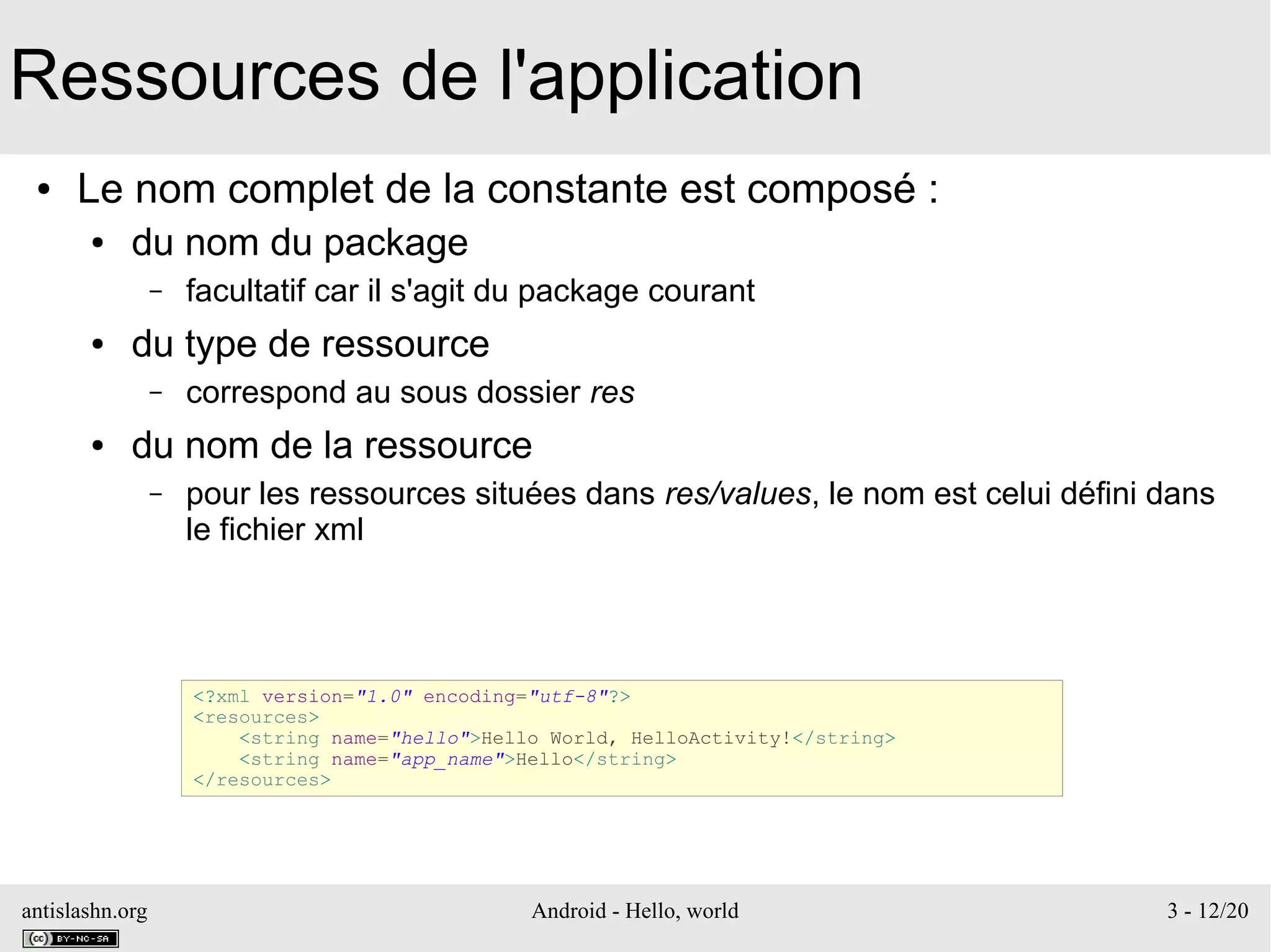 antislashn.org Android - Hello, world 3 - 12/20
Ressources de l'application
● Le nom complet de la constante est composé :
● du nom du package
– facultatif car il s'agit du package courant
● du type de ressource
– correspond au sous dossier res
● du nom de la ressource
– pour les ressources situées dans res/values, le nom est celui défini dans
le fichier xml
<?xml version="1.0" encoding="utf-8"?>
<resources>
<string name="hello">Hello World, HelloActivity!</string>
<string name="app_name">Hello</string>
</resources>
 