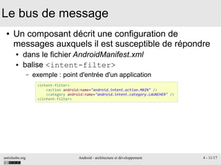 antislashn.org Android - architecture et développement 4 - 11/17
Le bus de message
● Un composant décrit une configuration de
messages auxquels il est susceptible de répondre
● dans le fichier AndroidManifest.xml
● balise <intent-filter>
– exemple : point d'entrée d'un application
<intent-filter>
<action android:name="android.intent.action.MAIN" />
<category android:name="android.intent.category.LAUNCHER" />
</intent-filter>
 
