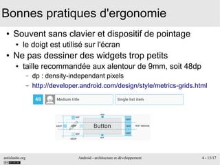 antislashn.org Android - architecture et développement 4 - 15/17
Bonnes pratiques d'ergonomie
● Souvent sans clavier et dispositif de pointage
● le doigt est utilisé sur l'écran
● Ne pas dessiner des widgets trop petits
● taille recommandée aux alentour de 9mm, soit 48dp
– dp : density-independant pixels
– http://developer.android.com/design/style/metrics-grids.html
 