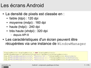 antislashn.org Android - composants graphiques de base 5 - 5/56
Les écrans Android
● La densité de pixels est classée en :
● faible (ldpi) : 120 dpi
● moyenne (mdpi) : 160 dpi
● haute (hdpi) : 240 dpi
● très haute (xhdpi) : 320 dpi
– depuis API 8
● Les caractéristiques d'un écran peuvent être
récupérées via une instance de WindowManager
DisplayMetrics displayMetrics = new DisplayMetrics();
getWindowManager().getDefaultDisplay().getMetrics(displayMetrics);
Log.d("WindowManagerActivity", "Density DPI : "+displayMetrics.densityDpi);
Log.d("WindowManagerActivity", "Resolution X : "+displayMetrics.widthPixels);
Log.d("WindowManagerActivity", "Resolution Y : "+displayMetrics.heightPixels);
 