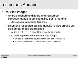 antislashn.org Android - composants graphiques de base 5 - 8/56
Les écrans Android
● Pour les images
● Android recherche d'abord une ressource
correspondant à la densité utilisé par le matériel
– dans res/drawable-hdpi, ldpi, mdpi
● sinon une ressource dans la densité la plus proche est
utilisée et l'image est retaillée
– ration 3 – 4 – 6 – 8 pour ldpi, mdpi, hdpi et xdpi
– si une image existe en mdpi de 100x100 px
● un ratio 6/4 est utilisé pour un écran hdpi soit 150x150 px
● un ratio ¾ est utilisé pour un écran ldpi soit 75x75 px
 