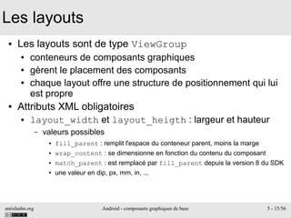 antislashn.org Android - composants graphiques de base 5 - 15/56
Les layouts
● Les layouts sont de type ViewGroup
● conteneurs de composants graphiques
● gèrent le placement des composants
● chaque layout offre une structure de positionnement qui lui
est propre
● Attributs XML obligatoires
● layout_width et layout_heigth : largeur et hauteur
– valeurs possibles
● fill_parent : remplit l'espace du conteneur parent, moins la marge
● wrap_content : se dimensionne en fonction du contenu du composant
● match_parent : est remplacé par fill_parent depuis la version 8 du SDK
● une valeur en dip, px, mm, in, ...
 