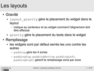 antislashn.org Android - composants graphiques de base 5 - 20/56
Les layouts
● Gravité
● layout_gravity gère le placement du widget dans le
layout
– indique au conteneur et au widget comment l'alignement doit
être effectué
● gravity gère le placement du texte dans le widget
● Remplissage
● les widgets sont par défaut serrés les uns contre les
autres
– padding gère les 4 zones
– paddingTop, paddingBottom, paddingLeft,
paddingRight gèrent le remplissage zone par zone
 