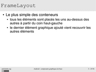 antislashn.org Android - composants graphiques de base 5 - 25/56
FrameLayout
● Le plus simple des conteneurs
● tous les éléments sont placés les uns au-dessus des
autres à partir du coin haut-gauche
● le dernier élément graphique ajouté vient recouvrir les
autres éléments
 