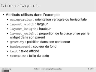 antislashn.org Android - composants graphiques de base 5 - 28/56
LinearLayout
● Attributs utilisés dans l'exemple
● orientation : orientation verticale ou horizontale
● layout_width : largeur
● layout_heigth : hauteur
● layout_weight : proportion de la place prise par le
widget dans son parent
● gravity : poisition dans son conteneur
● background : couleur du fond
● text : texte affiché
● textSize : taille du texte
 