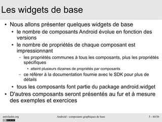 antislashn.org Android - composants graphiques de base 5 - 44/56
Les widgets de base
● Nous allons présenter quelques widgets de base
● le nombre de composants Android évolue en fonction des
versions
● le nombre de propriétés de chaque composant est
impressionnant
– les propriétés communes à tous les composants, plus les propriétés
spécifiques
● atteint plusieurs dizaines de propriétés par composants
– ce référer à la documentation fournie avec le SDK pour plus de
détails
● tous les composants font partie du package android.widget
● D'autres composants seront présentés au fur et à mesure
des exemples et exercices
 