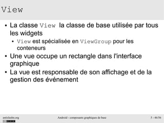 antislashn.org Android - composants graphiques de base 5 - 46/56
View
● La classe View la classe de base utilisée par tous
les widgets
● View est spécialisée en ViewGroup pour les
conteneurs
● Une vue occupe un rectangle dans l'interface
graphique
● La vue est responsable de son affichage et de la
gestion des événement
 