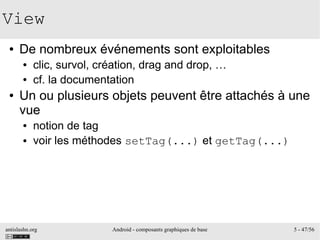 antislashn.org Android - composants graphiques de base 5 - 47/56
View
● De nombreux événements sont exploitables
● clic, survol, création, drag and drop, …
● cf. la documentation
● Un ou plusieurs objets peuvent être attachés à une
vue
● notion de tag
● voir les méthodes setTag(...) et getTag(...)
 