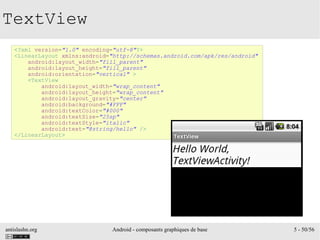 antislashn.org Android - composants graphiques de base 5 - 50/56
TextView
<?xml version="1.0" encoding="utf-8"?>
<LinearLayout xmlns:android="http://schemas.android.com/apk/res/android"
android:layout_width="fill_parent"
android:layout_height="fill_parent"
android:orientation="vertical" >
<TextView
android:layout_width="wrap_content"
android:layout_height="wrap_content"
android:layout_gravity="center"
android:background="#FFF"
android:textColor="#000"
android:textSize="25sp"
android:textStyle="italic"
android:text="@string/hello" />
</LinearLayout>
 