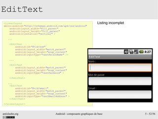 antislashn.org Android - composants graphiques de base 5 - 52/56
EditText
<LinearLayout
xmlns:android="http://schemas.android.com/apk/res/android"
android:layout_width="fill_parent"
android:layout_height="fill_parent"
android:orientation="vertical" >
...
<EditText
android:id="@+id/nom"
android:layout_width="match_parent"
android:layout_height="wrap_content"
android:inputType="textPersonName" />
...
<EditText
android:layout_width="match_parent"
android:layout_height="wrap_content"
android:inputType="textPassword" >
</EditText>
...
<EditText
android:id="@+id/email"
android:layout_width="match_parent"
android:layout_height="wrap_content"
android:inputType="textEmailAddress" >
</EditText>
</LinearLayout>
Listing incomplet
 