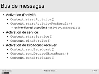 antislashn.org Android - Intent 6 - 4/28
Bus de messages
● Activation d'activité
● Context.startActivity()
● Context.startActivityForResult()
– un intention est associée à Activity.setResult()
● Activation de service
● Context.startService()
● Context.bindService()
● Activation de BroadcastReceiver
● Context.sendBroadcast()
● Context.sendOrderedBroadcast()
● Context.sendBroadcast()
 