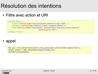antislashn.org Android - Intent 6 - 21/28
Résolution des intentions
● Filtre avec action et URI
● appel
<intent-filter >
<action android:name="org.antislashn.android.action.TOTO" />
<category android:name="android.intent.category.DEFAULT"/>
<data android:scheme="moncontent" android:host="org.antislashn.android"
android:port="150"/>
</intent-filter>
Uri uri = Uri.parse("moncontent://org.antislashn.android:150/exemple/toto");
Intent intent = new Intent(Activity2.ACTION,uri);
startActivity(intent);
 