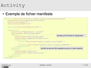 antislashn.org Android - Activity 7 - 6/22
Activity
● Exemple de fichier manifeste
<manifest xmlns:android="http://schemas.android.com/apk/res/android"
package="org.antislashn.android.activity"
android:versionCode="1"
android:versionName="1.0" >
<uses-sdk android:minSdkVersion="8" />
<application
android:icon="@drawable/ic_launcher"
android:label="@string/app_name" >
<activity
android:label="@string/app_name"
android:name=".AppelactivityActivity" >
<intent-filter >
<action android:name="android.intent.action.MAIN" />
<category android:name="android.intent.category.LAUNCHER" />
</intent-filter>
</activity>
<activity
android:label="explicit"
android:name=".ExplicitActivity" >
</activity>
</application>
</manifest>
activité point d'entrée de l'application
activité ne pouvant être appelée que par un intent explicite
 