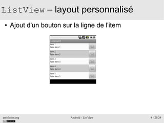 antislashn.org Android - ListView 8 - 25/29
ListView – layout personnalisé
● Ajout d'un bouton sur la ligne de l'item
 