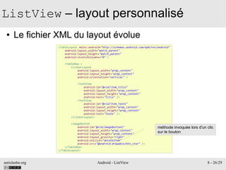 antislashn.org Android - ListView 8 - 26/29
ListView – layout personnalisé
● Le fichier XML du layout évolue
<TableLayout xmlns:android="http://schemas.android.com/apk/res/android"
android:layout_width="match_parent"
android:layout_height="match_parent"
android:stretchColumns="0" >
<TableRow >
<LinearLayout
android:layout_width="wrap_content"
android:layout_height="wrap_content"
android:orientation="vertical" >
<TextView
android:id="@+id/item_title"
android:layout_width="wrap_content"
android:layout_height="wrap_content"
android:text="title" />
<TextView
android:id="@+id/item_texte"
android:layout_width="wrap_content"
android:layout_height="wrap_content"
android:text="texte" />
</LinearLayout>
<ImageButton
android:id="@+id/imageButton1"
android:layout_width="wrap_content"
android:layout_height="wrap_content"
android:layout_gravity="right"
android:onClick="deleteItem"
android:src="@android:drawable/btn_star" />
</TableRow>
</TableLayout>
méthode invoquée lors d'un clic
sur le bouton
 