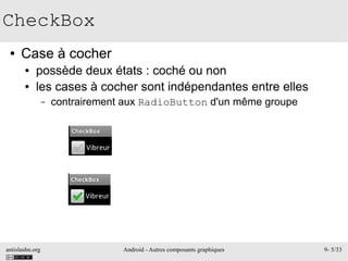antislashn.org Android - Autres composants graphiques 9- 5/33
CheckBox
● Case à cocher
● possède deux états : coché ou non
● les cases à cocher sont indépendantes entre elles
– contrairement aux RadioButton d'un même groupe
 
