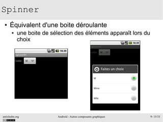 antislashn.org Android - Autres composants graphiques 9- 15/33
Spinner
● Équivalent d'une boite déroulante
● une boite de sélection des éléments apparaît lors du
choix
 