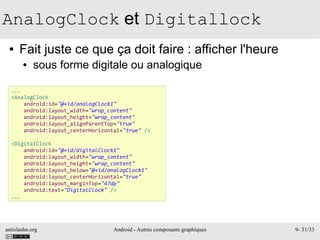 antislashn.org Android - Autres composants graphiques 9- 31/33
AnalogClock et Digitallock
● Fait juste ce que ça doit faire : afficher l'heure
● sous forme digitale ou analogique
...
<AnalogClock
android:id="@+id/analogClock1"
android:layout_width="wrap_content"
android:layout_height="wrap_content"
android:layout_alignParentTop="true"
android:layout_centerHorizontal="true" />
<DigitalClock
android:id="@+id/digitalClock1"
android:layout_width="wrap_content"
android:layout_height="wrap_content"
android:layout_below="@+id/analogClock1"
android:layout_centerHorizontal="true"
android:layout_marginTop="47dp"
android:text="DigitalClock" />
...
 