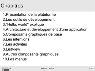 antislashn.org Android - Objectifs 0 - 3/7
Chapitres
1.Présentation de la plateforme
2.Les outils de développement
3."Hello, world" expliqué
4.Architecture et développement d'une application
5.Composants graphiques de base
6.Les intentions
7.Les activités
8.ListView
9.Autres composants graphiques
10.Les menus
 