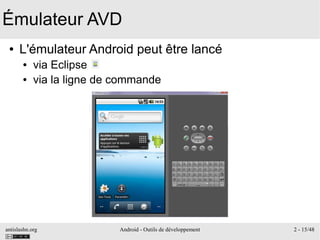 antislashn.org Android - Outils de développement 2 - 15/48
Émulateur AVD
● L'émulateur Android peut être lancé
● via Eclipse
● via la ligne de commande
 