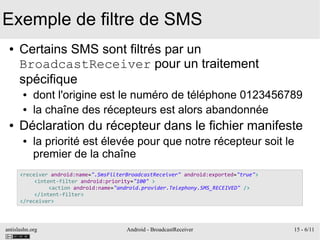 antislashn.org Android - BroadcastReceiver 15 - 6/11
Exemple de filtre de SMS
● Certains SMS sont filtrés par un
BroadcastReceiver pour un traitement
spécifique
● dont l'origine est le numéro de téléphone 0123456789
● la chaîne des récepteurs est alors abandonnée
● Déclaration du récepteur dans le fichier manifeste
● la priorité est élevée pour que notre récepteur soit le
premier de la chaîne
<receiver android:name=".SmsFilterBroadcastReceiver" android:exported="true">
<intent-filter android:priority="100" >
<action android:name="android.provider.Telephony.SMS_RECEIVED" />
</intent-filter>
</receiver>
 