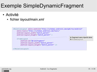 antislashn.org Android - Les fragments 18 - 11/28
Exemple SimpleDynamicFragment
● Activité
● fichier layout/main.xml
<RelativeLayout xmlns:android="http://schemas.android.com/apk/res/android"
xmlns:tools="http://schemas.android.com/tools"
android:layout_width="match_parent"
android:layout_height="match_parent" >
<FrameLayout
android:id="@+id/fragment"
android:layout_width="match_parent"
android:layout_height="match_parent" />
</RelativeLayout>
le fragment sera injecté dans
le FrameLayout
 