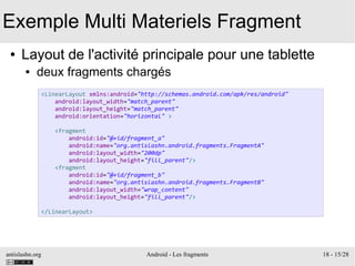 antislashn.org Android - Les fragments 18 - 15/28
Exemple Multi Materiels Fragment
● Layout de l'activité principale pour une tablette
● deux fragments chargés
<LinearLayout xmlns:android="http://schemas.android.com/apk/res/android"
android:layout_width="match_parent"
android:layout_height="match_parent"
android:orientation="horizontal" >
<fragment
android:id="@+id/fragment_a"
android:name="org.antislashn.android.fragments.FragmentA"
android:layout_width="200dp"
android:layout_height="fill_parent"/>
<fragment
android:id="@+id/fragment_b"
android:name="org.antislashn.android.fragments.FragmentB"
android:layout_width="wrap_content"
android:layout_height="fill_parent"/>
</LinearLayout>
 