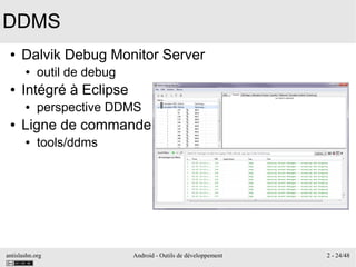 antislashn.org Android - Outils de développement 2 - 24/48
DDMS
● Dalvik Debug Monitor Server
● outil de debug
● Intégré à Eclipse
● perspective DDMS
● Ligne de commande
● tools/ddms
 